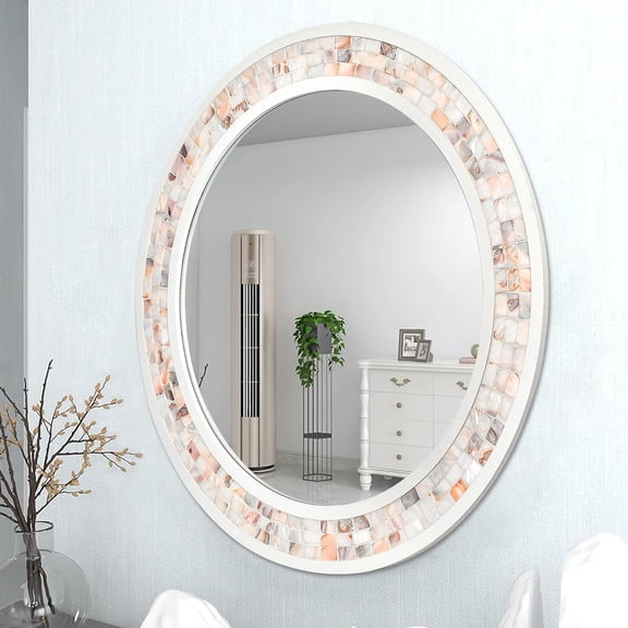 White Round Mirror 24 Inch, Natural Mother of Pearl Inlay Framed Circle Mirrors for Wall, Shatterproof Tempered Glass Mosiac Mirror for Bathroom Bedroom Entryway and Living Room