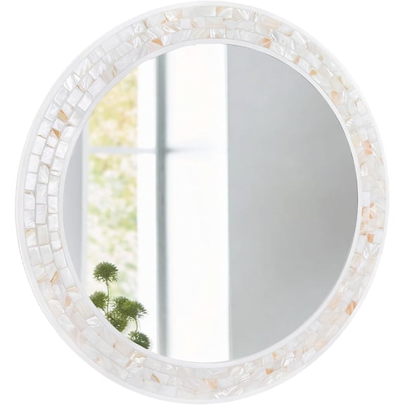 White Round Mirror 24 Inch, Natural of Pearl Inlay Framed Circle Mirrors for Wall, Shatterproof Tempered Glass Mosiac Mirror for Bathroom Bedroom Entryway and Living Room