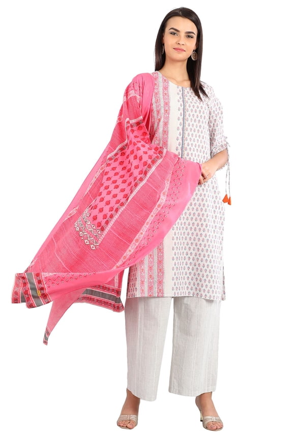 White Round Neck Printed Kurta-Large