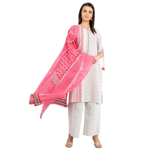 White Round Neck Printed Kurta-Small