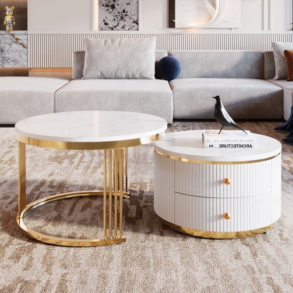 White Round Nesting Coffee Table (27.6'') - 2 Drawers & Electroplated Gold Legs