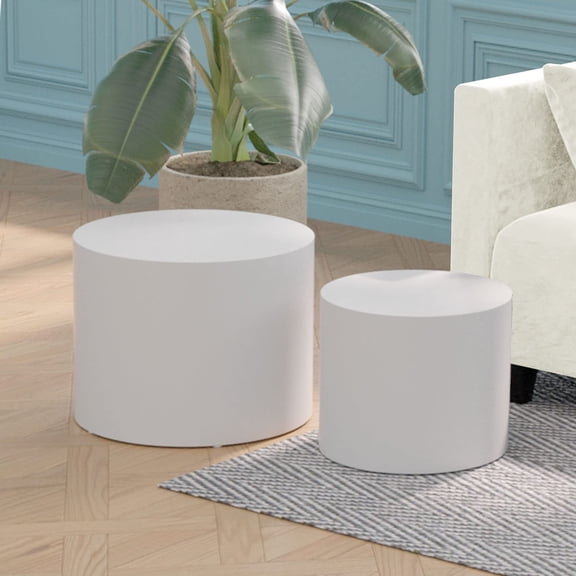 White Round Nesting Coffee Table Set of 2, Modern Wood Side Table Full Assembly for Small Space Living Room Apartment - White