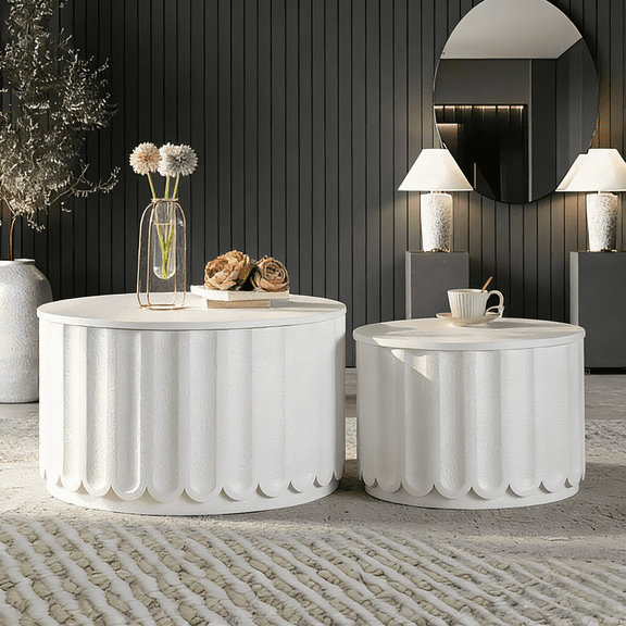 White Round Nesting Storage Table Set with Lift-Off Lids | Elegant Curved-Edge Coffee Tables for Living Room, Cozy Home Styling