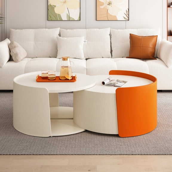White Round Nesting Table | Sliding Tabletop for More Space in Small Areas | Strong MDF with Even Force Design | Avoids Sharp Edge Bumps