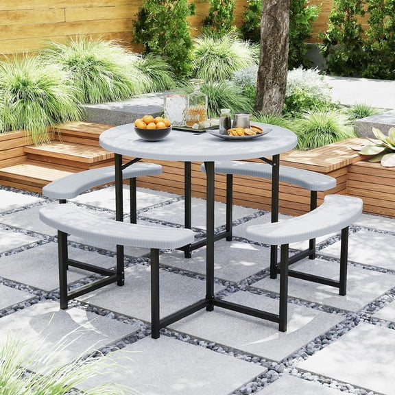 White Round Picnic Table Bench Set with 4 Benches and Umbrella Hole for Patio Lawn