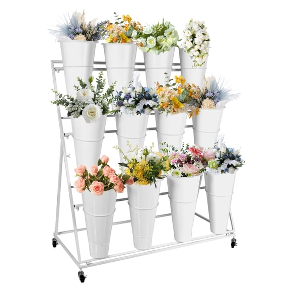 White Round Pot Plant Stand, 39.3" Length, Anti-Tip Lockable Wheel, White Flower Stand with Wheels, Flower Bar Stand, Coffee Shop, Garden, Patio