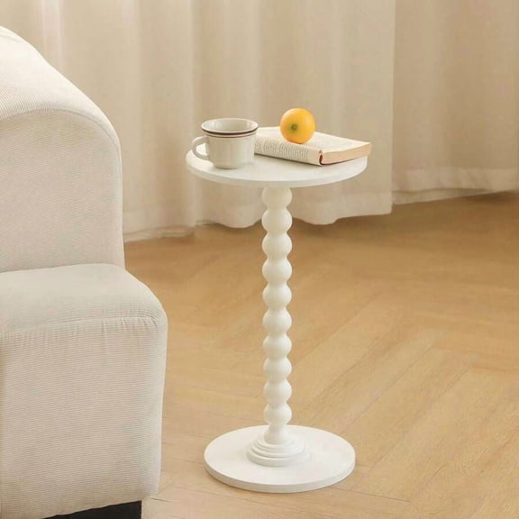 White Round Side Table Modern Wood Accent End Table Turned Spindle Leg Drink Table For Living Room Bedroom Corner