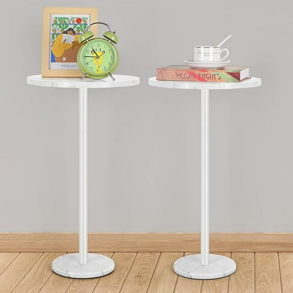 White Round Side Table Small End Table Set of 2 Modern Accent Table Pedestal Drink Table with Marble Base for Small Spaces Living Room Bedroom Outdoor