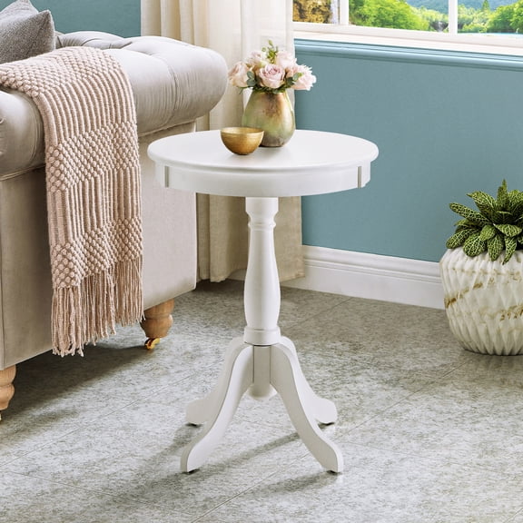 White Round Side Table With Wooden Pedestal - Cozy Atmosphere, Versatile For Various Styles, 25.5in Height X 18.5in Width Depth Spacious Apron Added Functionality
