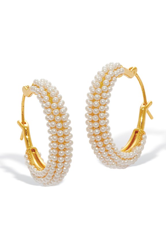 White Round Simulated Pave-Style Pearl Goldtone Hoop Earrings