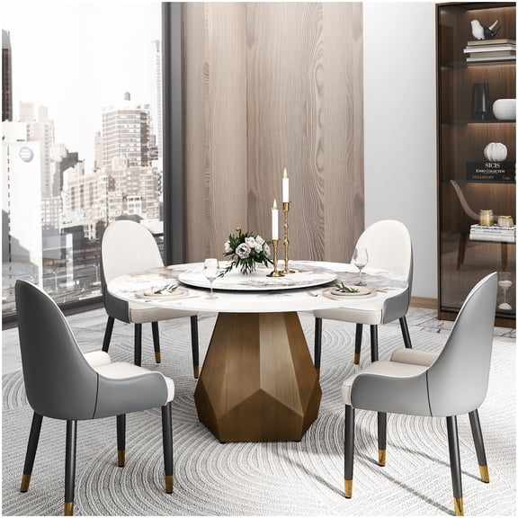 White Round Sintered Stone Dining Table, Antique Brass Base with Rotating Top, Seats 8-10, Easy Clean Surface
