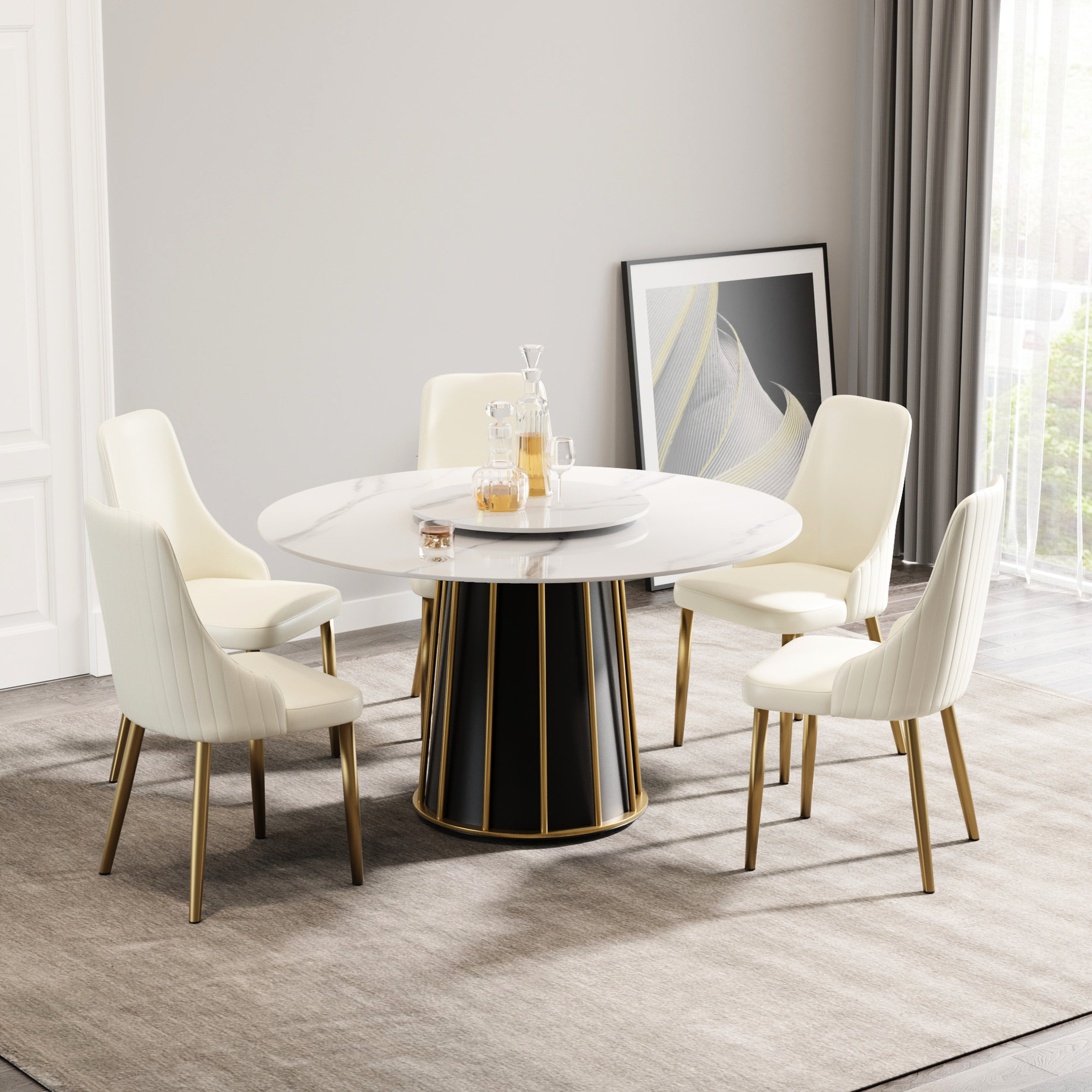 White Round Sintered Stone Dining Table with Iron Base - Seats 6, Anti ...
