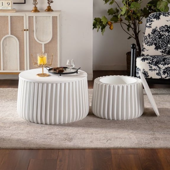 White Round Storage Table Set with Lift-Off Lid, Nesting Design, Elegant Curved-Edge Shape for Cozy Living Room Styling
