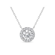 White Round Swarovski CZ Sterling Silver Two-Tone Rhodium and 18kt Rose Gold-Plated Filigree Sides Halo Necklace, 18