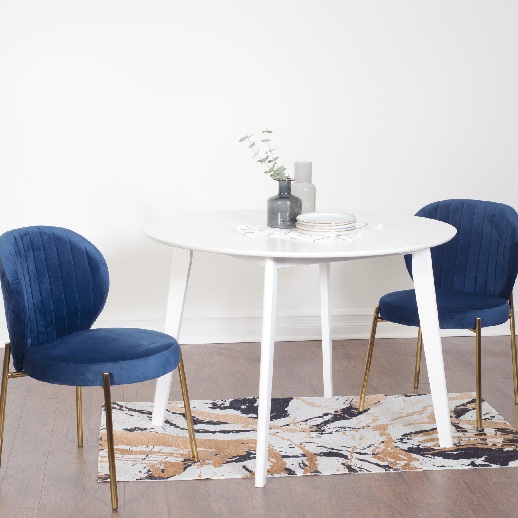 White Round Table with 2 Gold Metal Frame Velvet Chairs - Adds Luxury ...