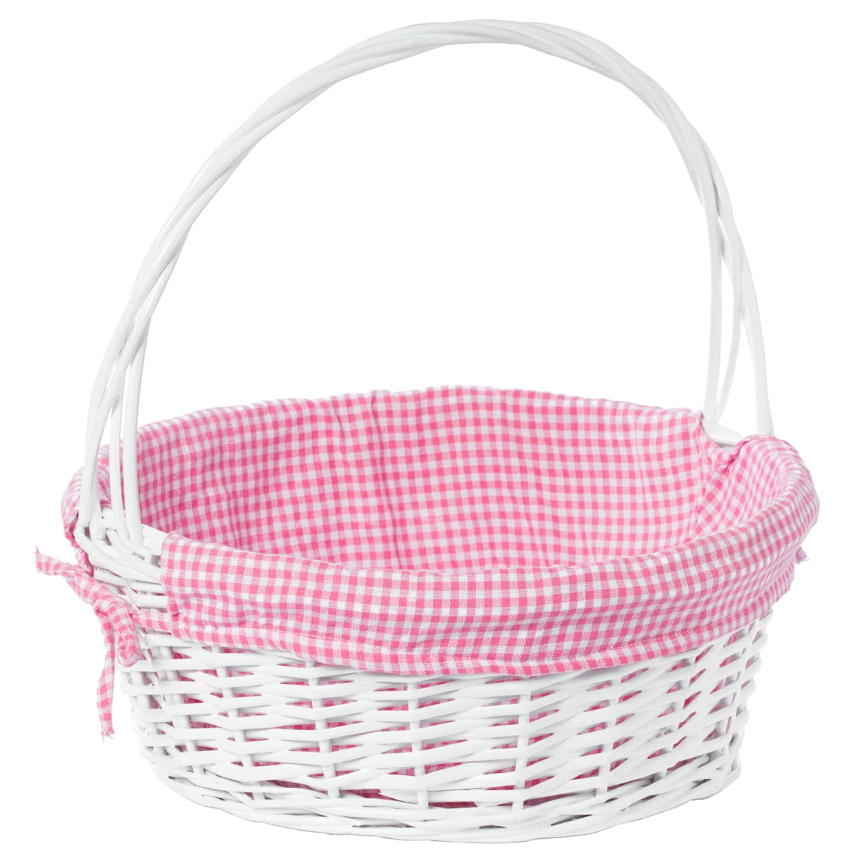 White Wicker Round Basket with Pink Gingham Liner