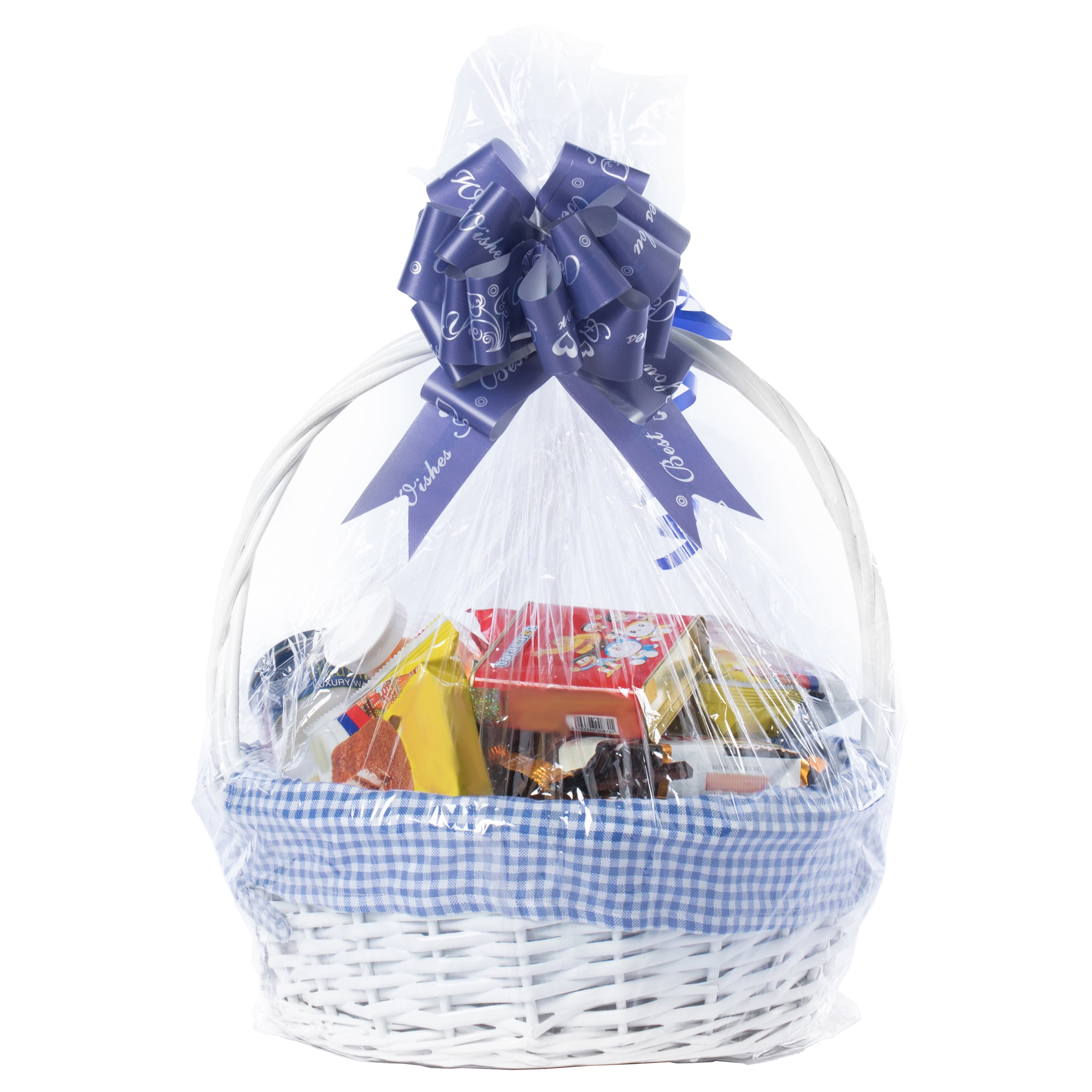 White Round Willow Gift Basket Small Woven with Gingham Liner and