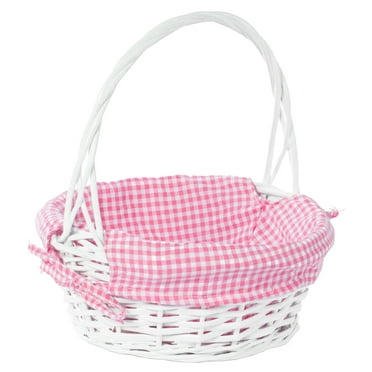 White Round Willow Gift Basket, with Gingham Liner and Handle