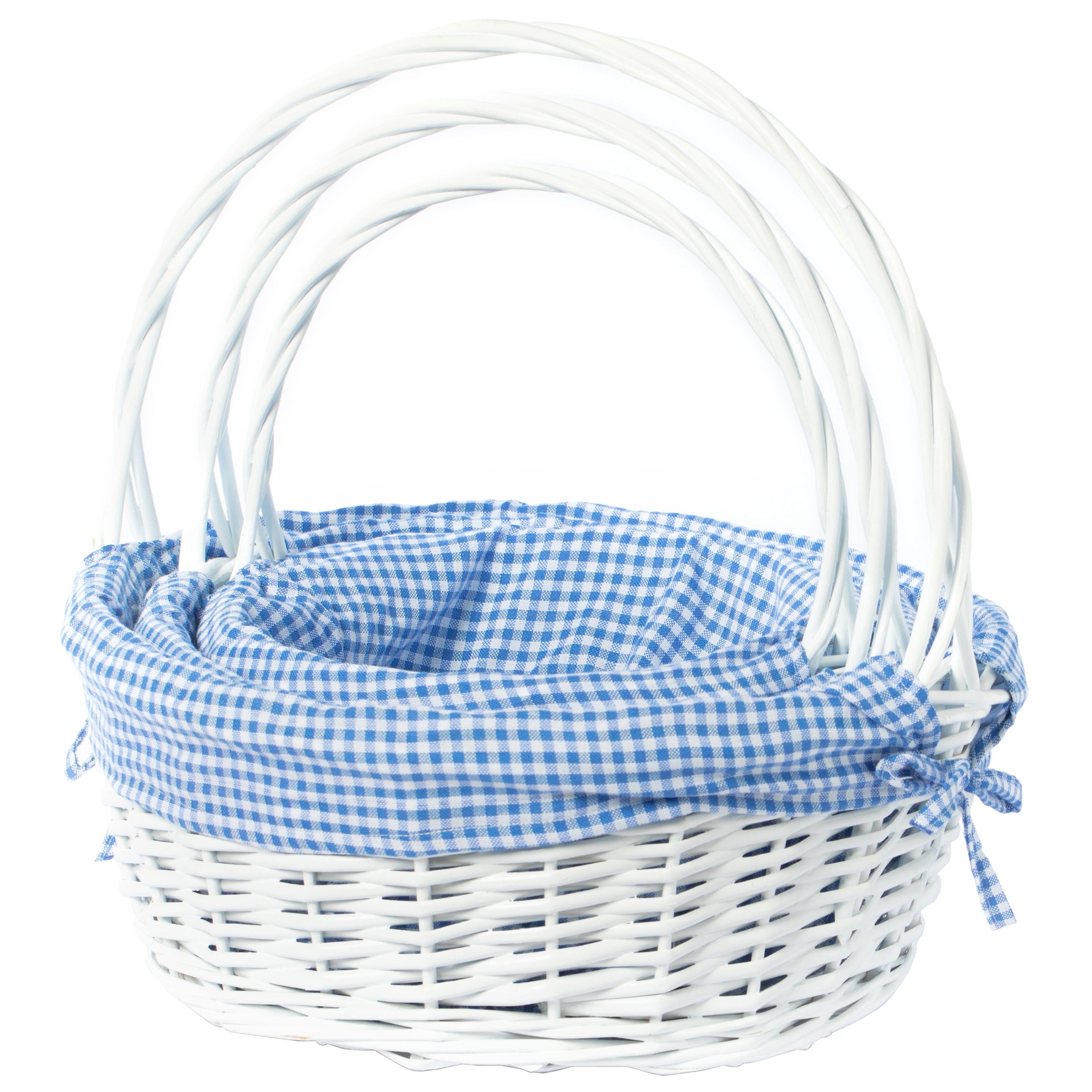 White Round Wicker Basket with Blue Gingham Liner