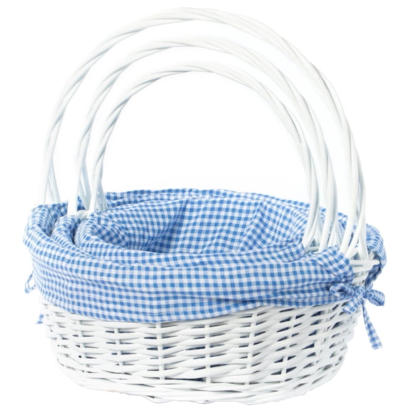 White Round Willow Gift Basket, with Gingham Liner and Handle
