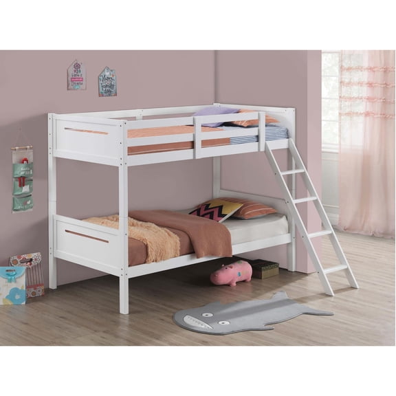 White Rubberwood Twin Bunk Bed with Angled Ladder & Guardrails - Converts to 2 Beds, Modern Style for Bedroom, 79.25" W