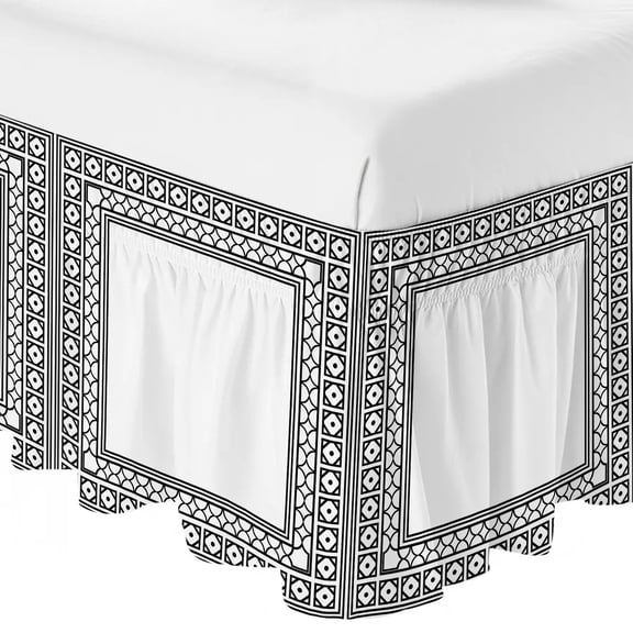 White Ruffle Bed Skirt Queen Size Boho Diamond Pattern Border Rustic Southwestern Adjustable Elastic Dust Bed Skirts Wrap Around Bedskirt Wrinkle Free Easy Fit with 16 Inch Drop
