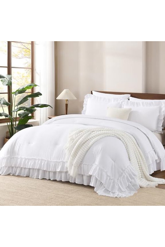 White Ruffle Comforter Full Set, 3pcs Vintage Farmhouse Shabby Chic Bedding Comforter Set, Soft Lightweight Fluffy Bed Comforter Sets All Season Bedding Set