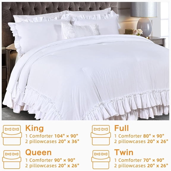 White Ruffle Comforter Full Size,Farmhouse Shabby Boho Chic Bedding Sets Full,3PCS Vintage Rustic Soft Microfiber Ruffled Bedding Comforter Set