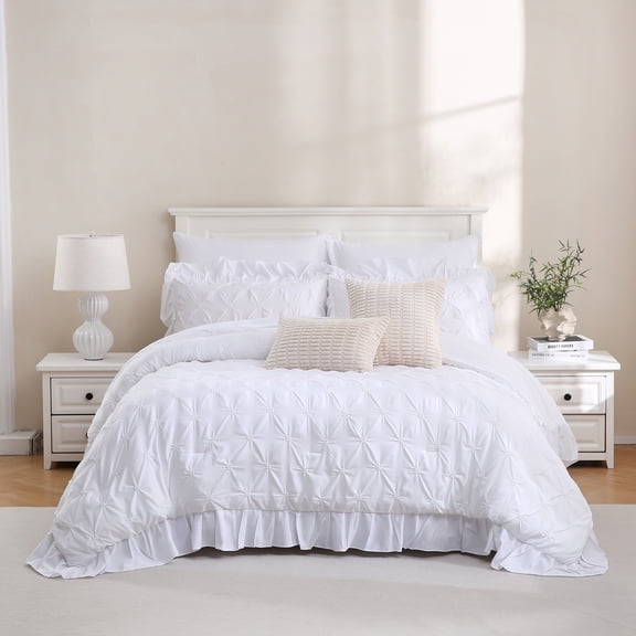 White Ruffle Comforter Set 10 Pieces Pintuck Bed in a Bag King Size White Pintuck Comforter Set with Sheet Set Soft Microfiber Farmhouse Pinched Bedding Set