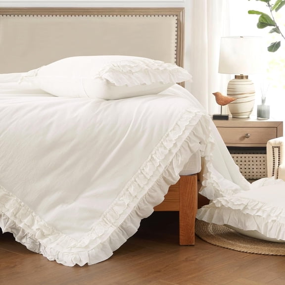 White Ruffle Comforter Set Full, Linen-Like Super Soft Comforter Full Size Bed Set, Cute Lace Comforters Set, Shabby Chic Fulls Size Bedding Sets, 3 count 86"x86"