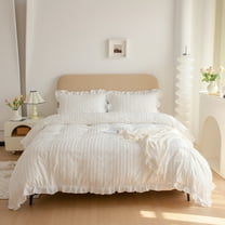 White Ruffle Comforter Set Queen Size Shabby Chic Boho Bedding Sets Soft Microfiber Fluffy Comforter Set for All Seasoons 3 Pieces Vintage Ruffled Bedding Comforter Set