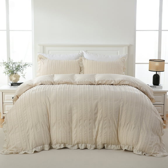White Ruffle Comforter Set Queen Size Shabby Chic Boho Bedding Sets Soft Microfiber Fluffy Comforter Set for All Seasoons 3 Pieces Vintage Ruffled Bedding Comforter Set