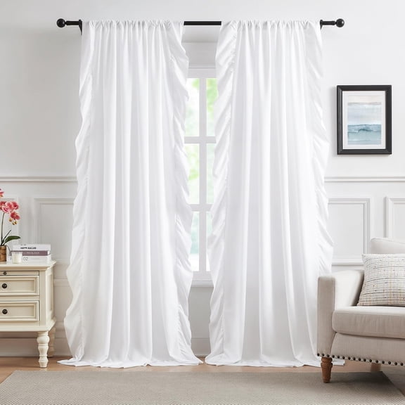 White Ruffle Curtains 84 Inches Long for Bedroom Living Room Rod Pocket Light Filtering Victorian Romantic Ruffle Curtains for Girls Room Window Privacy Decor Holiday Cottage, 2 Panels, 52x84