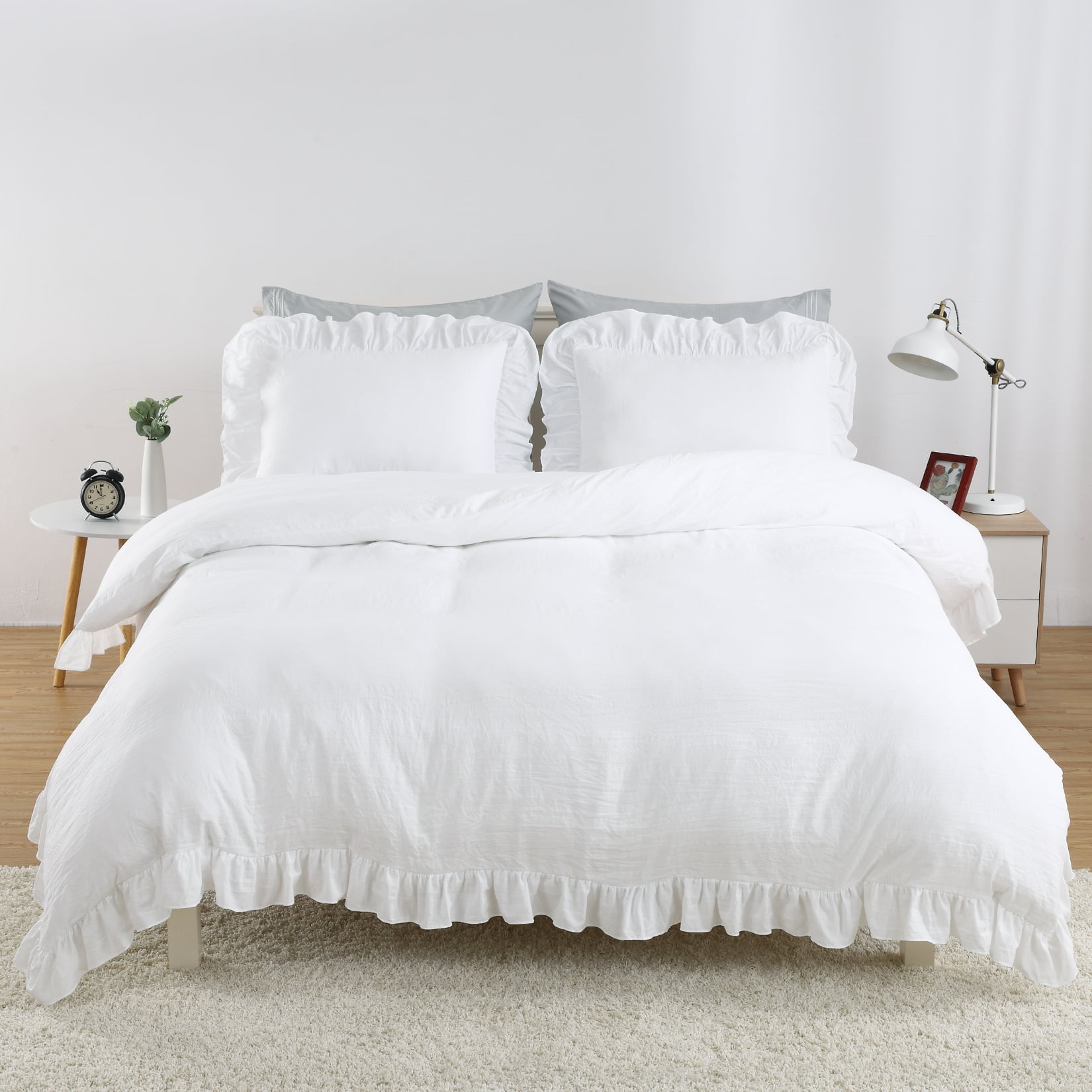 White Ruffle Duvet Cover Queen Size, 3PCS Soft Washed Microfiber Vintage French Country Duvet Cover Set for Queen Bed, White, 90x90 in