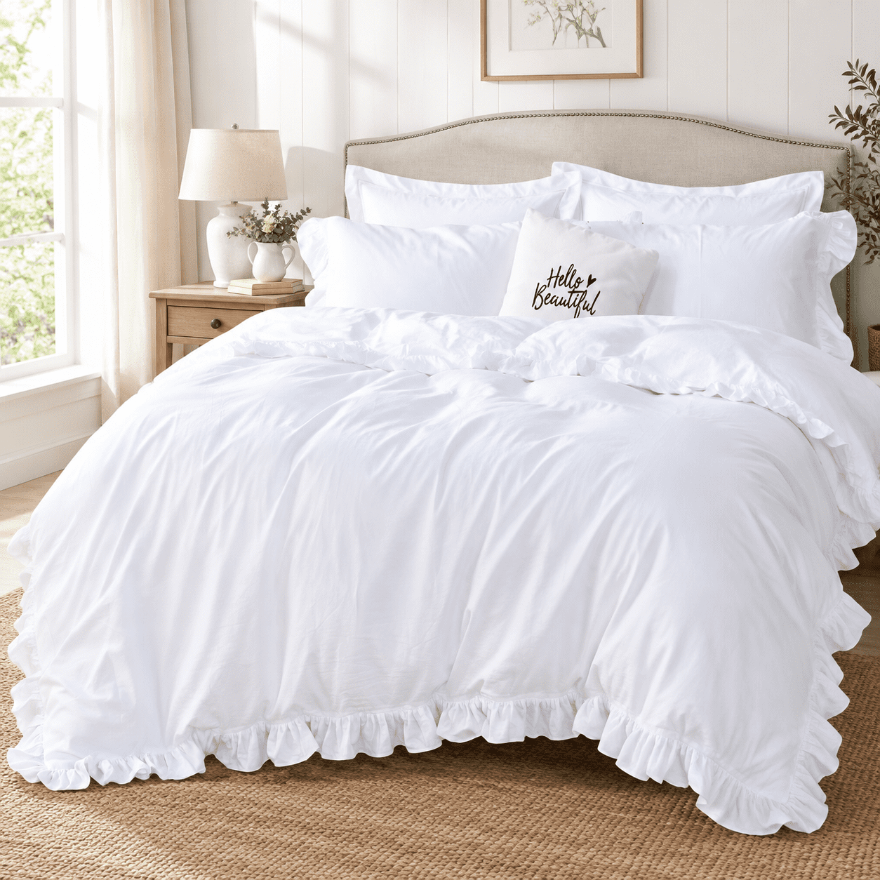 White Ruffle Duvet Cover Queen Washedton Farmhouse Shabby Boho Chic ...