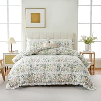 White Ruffle Duvet Cover Set 100% Cotton Green Floral Duvet Cover 3 Pcs Aesthetic Comforter Cover for All Seasons Soft Breathable Bedding Set with Zipper Closure