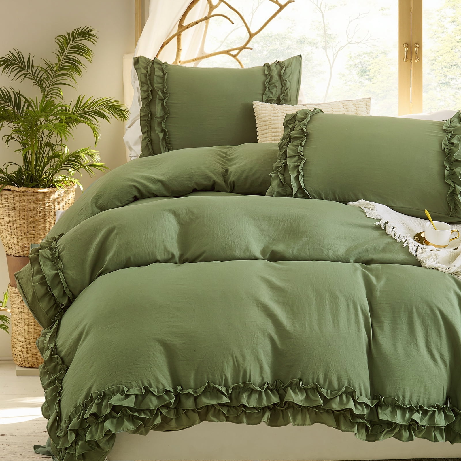Avocado Green Ruffle Duvet Cover Set Queen Size Shabby Chic Bedding Set Ruffled Farmhouse Avocado Green Comforter Cover Boho Duvet Cover Set