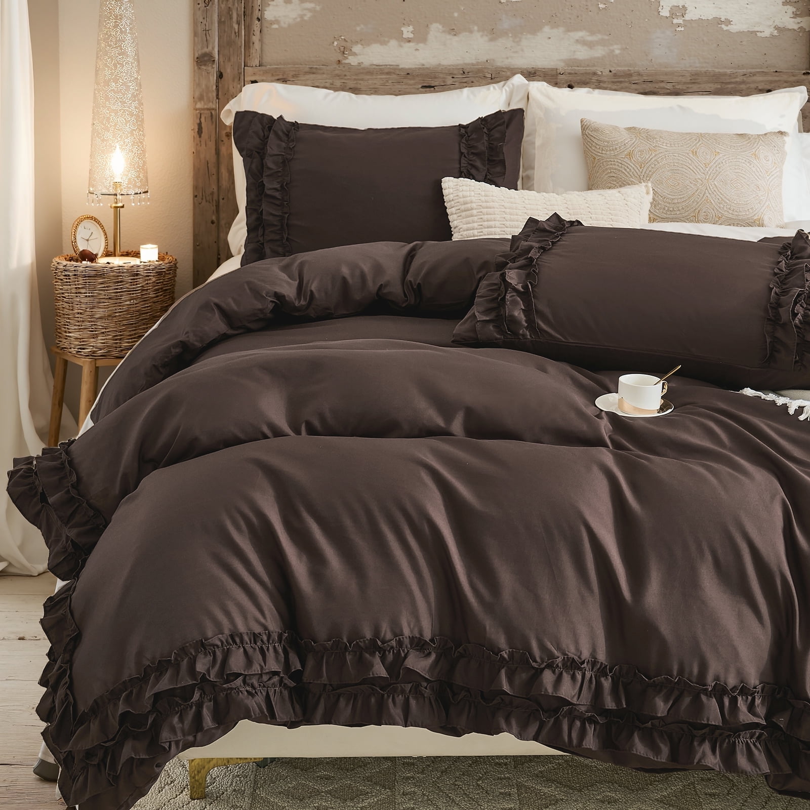 Dark Brown Ruffle Duvet Cover Set Queen Size Shabby Chic Bedding Set Ruffled Farmhouse Chocolate Comforter Cover Boho Duvet Cover Set