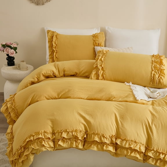Yellow Ruffle Duvet Cover Set Twin Size Shabby Chic Bedding Set Ruffled Farmhouse Yellow Comforter Cover Boho Duvet Cover Set