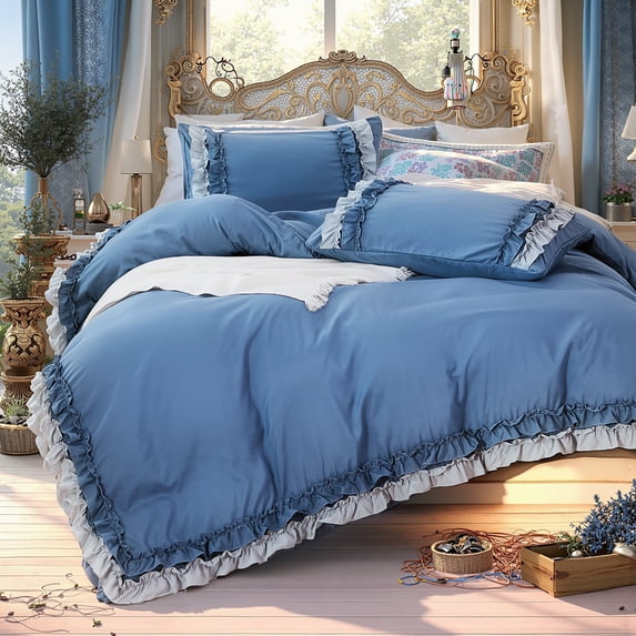 Blue Ruffle Duvet Cover Set Queen Size Shabby Chic Bedding Set Ruffled Farmhouse Blue Comforter Cover Boho Duvet Cover Set