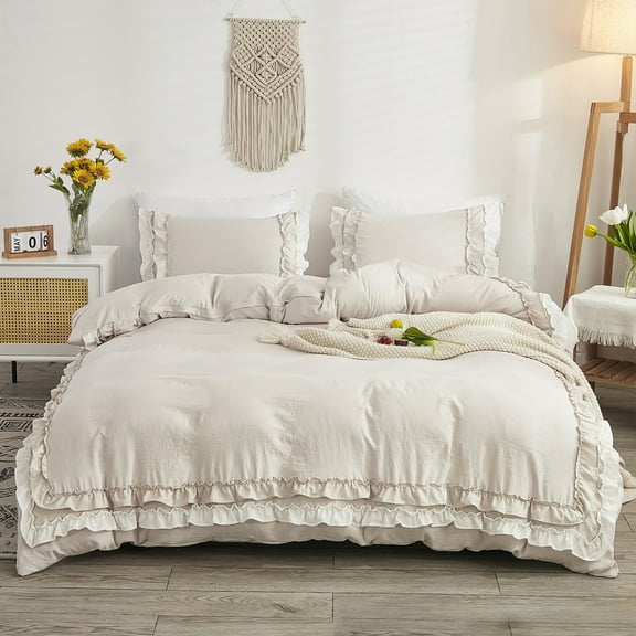 White Ruffle Duvet Cover Set Queen Size Shabby Chic Bedding Set Ruffled Farmhouse Pure White Comforter Cover Boho Duvet Cover Set