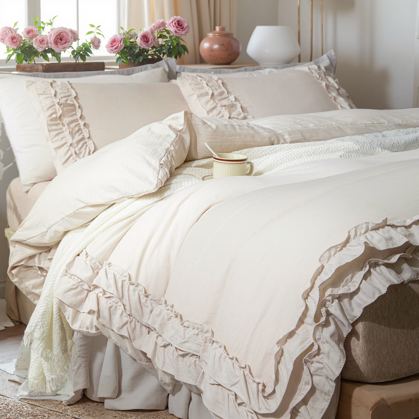 White Ruffle Duvet Cover Set Queen Size Shabby Chic Bedding Set Ruffled Farmhouse Pure White Comforter Cover Boho Duvet Cover Set