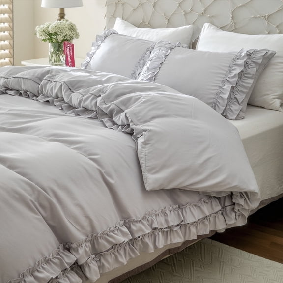 Light Gray Ruffle Duvet Cover Set Queen Size Shabby Chic Bedding Set Ruffled Farmhouse Light Gray Comforter Cover Boho Duvet Cover Set