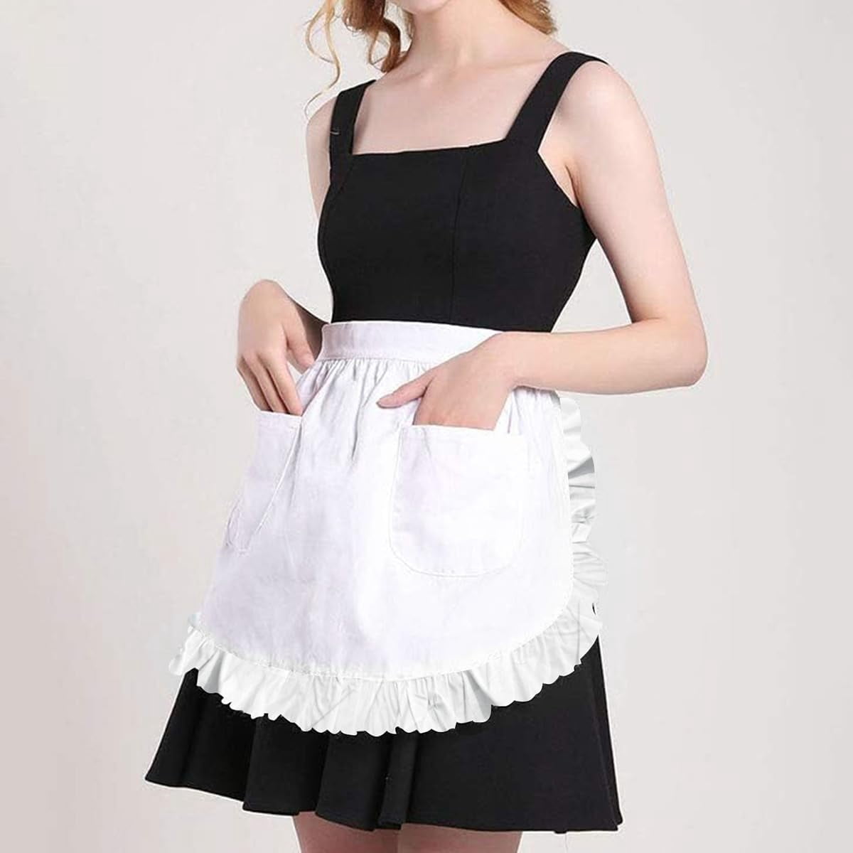 White Ruffle Half Apron with Pockets, Cotton Blend Short Waist Apron ...
