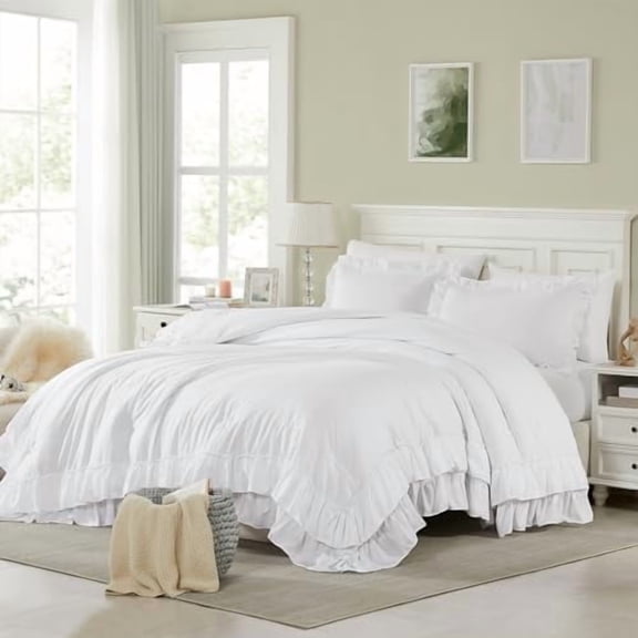 White Ruffle King Size Comforter Set; Shabby Chic Bedding Farmhouse Rustic 3 Pcs Bedding Ultra Soft Fluffy Washed Vintage Solid Boho Lightweight Off White Bed Set for All Seasons