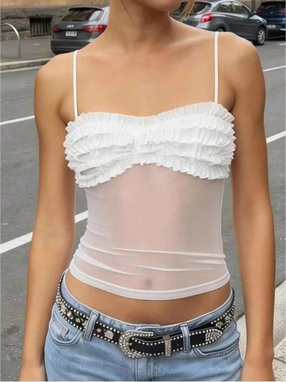 White Ruffle Trim Sheer Mesh Cami Top - Spaghetti Strap Slim Fitted Y2K Coquette Summer Tank