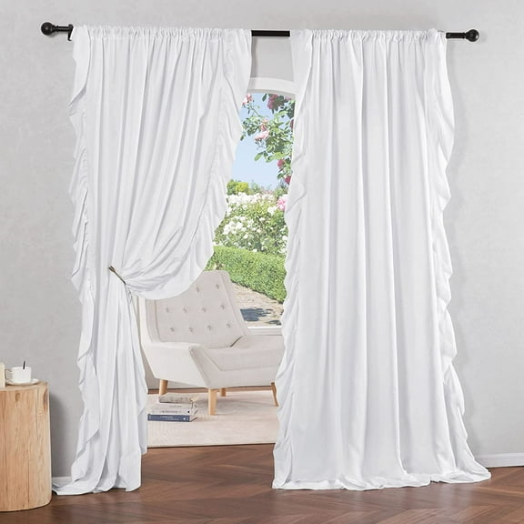White Ruffled Curtains for Farmhouse Living Room, Rod Pocket Flowy Macrame Luxury Curtain Drapes Privacy with Gentle Light Penetration for French Country/Bedroom, W52 x L95, 2 Panels