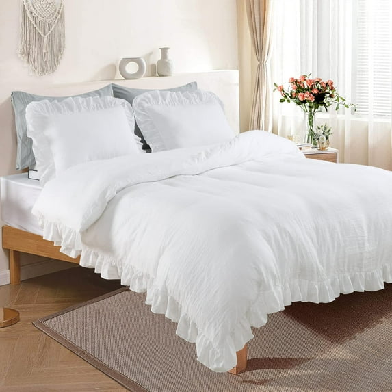 White Ruffled Duvet Cover Twin, 2PCS Soft Washed Microfiber Vintage French Country Duvet Cover Set for Kids Girls, White