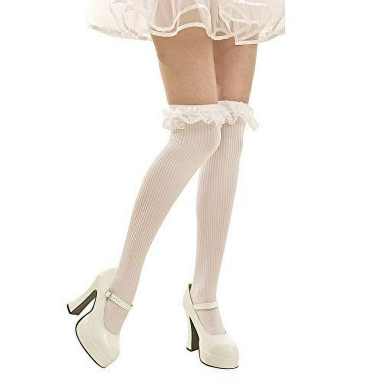 White Ruffled French Maid Tights | Women's Thigh-High Stockings