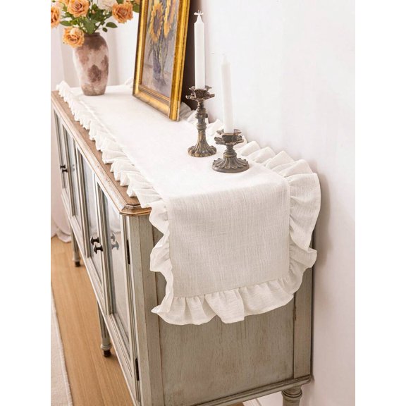 White Ruffled Linen Table Runner, French Style for Dining Table Decor